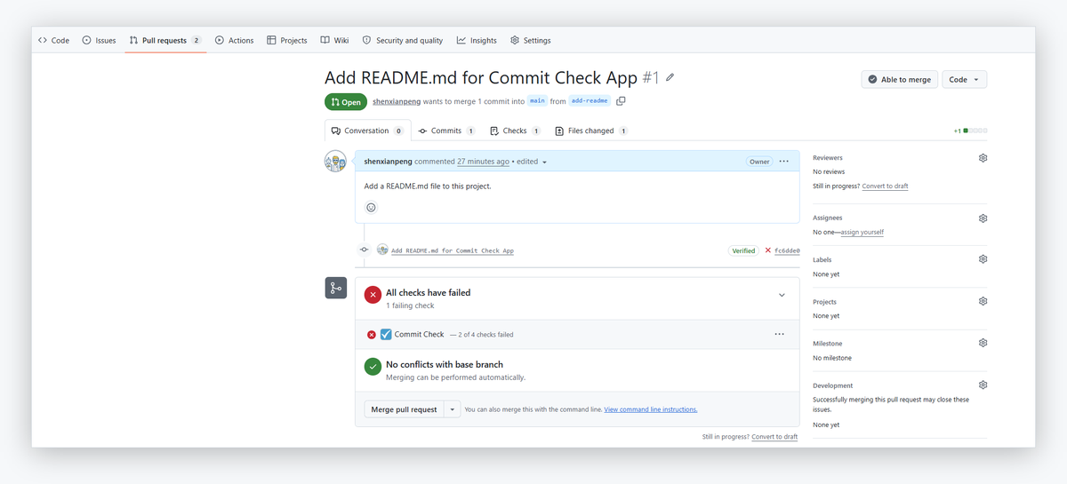 The Commit Check check run in a pull request merge box, reporting 2 of 4 checks failed